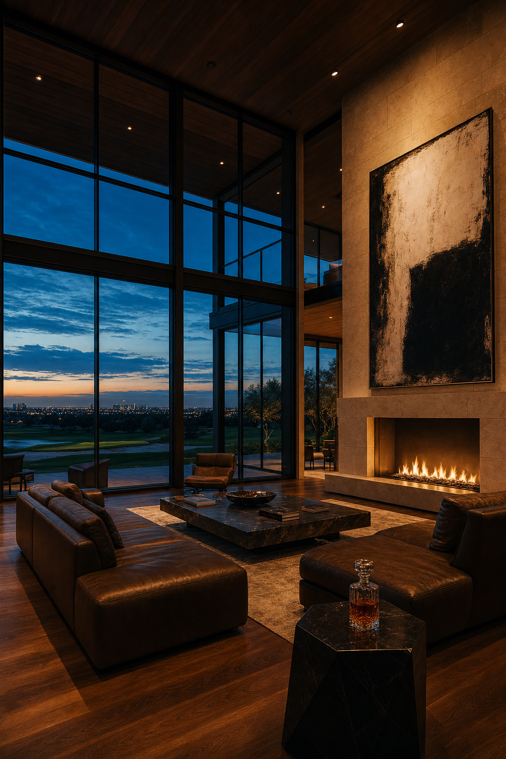 A great room at dusk · the Frisco corridor through floor-to-ceiling glass