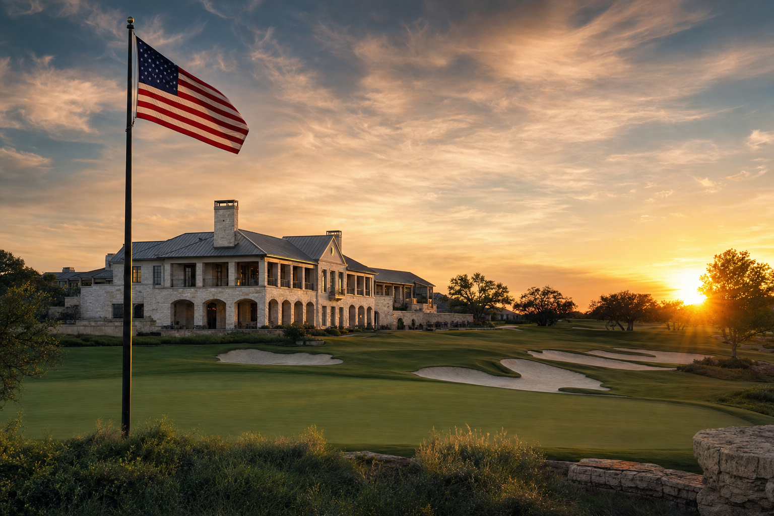 Frisco golf clubhouse at sunset with American flag