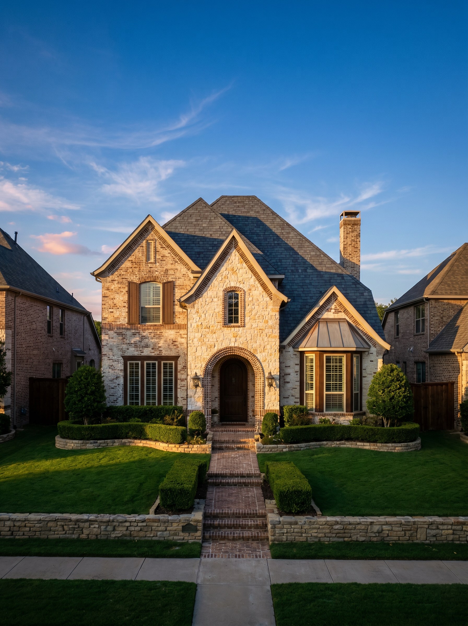 5436 Stone Canyon · Starwood gated community · stone-and-brick traditional estate at golden hour